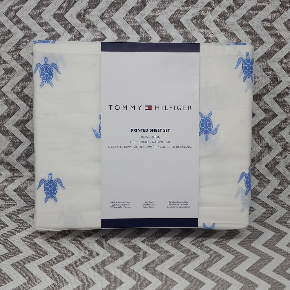 Tommy Hilfiger Cotton Printed FULL/DOUBLE Sheets Set Blue Turtles Lightweight - Picture 10 of 10